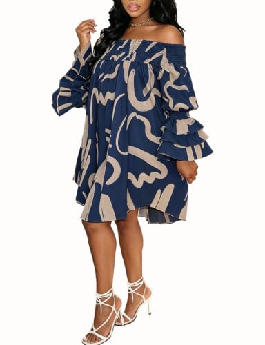 Image of WOKANSE Party Dresses for Women Off Shoulder Layered Flare Sleeve A line Ruched Plus Size Midi Summer Dress