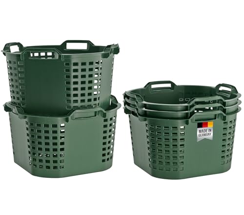 BURI 5x Erntekorb Gartenkorb 50L Made in Germany Stapelkorb - Lebensmittelecht Obstkorb 54x31cm Drehstapelkorb Kartoffelkorb - Kunststoffkorb Mehrzweckkorb ineinander stapelbar, grün, extrem robust