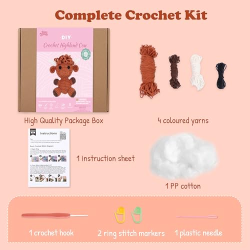 Image of HOUSE CREATIVITY Crochet Kit for Beginners, Make a Highland Cow, Amigurumi Starter Kit with Step-by-Step Video Tutorial, Yarn, Hook & Stuffing, Stress Relief DIY Craft Gift for Adults