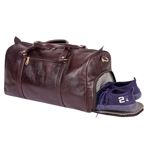 Image of HYATT Leather Accessories Weekender Travel Duffle Bag with Separate Shoe /Laundry Compartment for Men & Women Made of Natural Dry-Milled Leather (Brown)