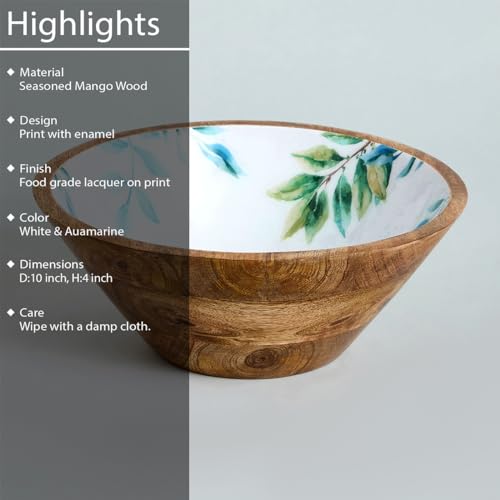 Image of SAAGA Printed Mango Wood Serving Bowl - 10 x 4 Inch Handcrafted Round Wooden Bowl | Food-Grade Finish for Noodles, Soups, Curries & Snacks - White & Aquamarine