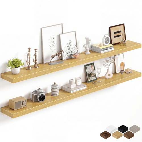 Image of Fun Memories 72Inch Long Floating Shelves, 8 Inch Deep Shelves for Bedroom|Living Room, Wall Mounted Wood Hanging Shelf with Invisible Brackets for Fireplace Mantel Home Storage Decor, Oak - 2 Pack