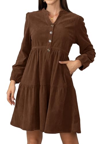 Jayscreate Damen 2025 Langärmeliges Cordkleid über dem Knie, A-Linie, V-Ausschnitt, Herbst, Winter, kurzes Arbeitskleid, Braun, Mittel