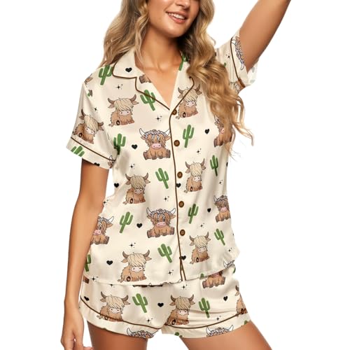 ELUNORUS Womens Soft Silky Satin Pajamas Set Button Down Cooling Loungewear 2 Pcs Sleep Short Pajamas for Mom and Grandma Highland cow Large