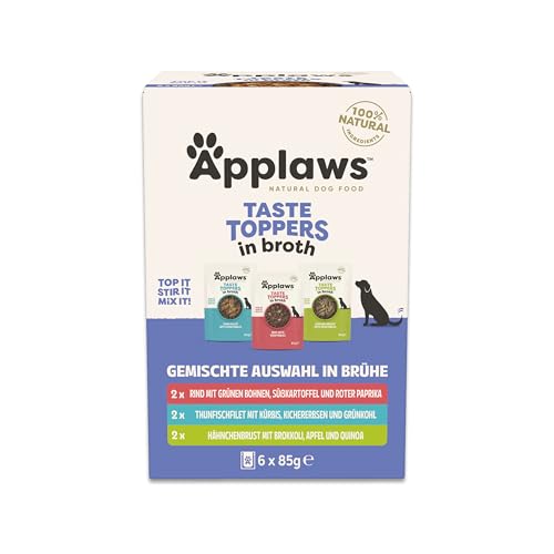 Applaws Premium Natural Nassfutter für Hunde, getreidefreie Auswahl an Fleisch und Fisch in Brühe, Topping für Hunde 6 x 85g Packung