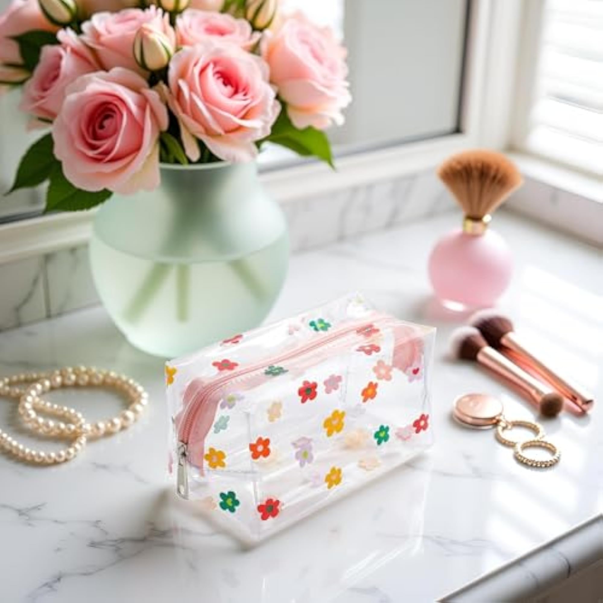 Clear Colorful Flower Makeup Bags, Waterproof Toiletry Storage Pouch