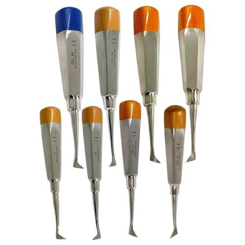 Pack of 8 Dental Root Pick Cryer Elevators, #1L, #1R, #4L, #4R, #25, #26, #44, #45, Left and Right, Hollow Handle with Color Ends - German Stainless Steel Dental Tools