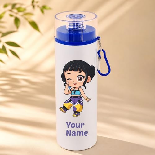 Image of Personalized Korean Theme Water Bottle 800ml | Custom Name Printed Aluminium Bottle with Clip | Cute Cartoon Design for Kids, Girls, School, Gift for Her|Birthday Return Gift