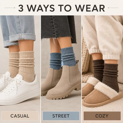Image of 3 Pairs Slouch Socks for Women & Men, Ribbed Scrunch Crew Socks | 3-pair cotton-rich ribbed slouch socks for women and men, thick scrunch crew socks for boots, sneakers and lounging.
