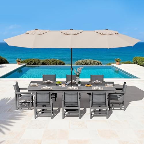 Image of SERWALL 9 Piece 84 inch HDPE Outdoor Dining Set for 8 with Textilene Chairs and Umbrella Hole, Gray /Light Gray