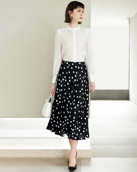 Women's Polka Dot Silk Midi Skirt - 19 Momme Mulberry Crepe de Chine, A-Line for Wedding/Office3