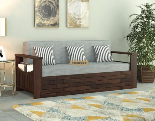 Image of Solid Sheesham Wooden Sofa Cums Bed with Mattresses for Living Room|Rosewood 3-Person Sofa Cums Bed for Bedroom Without Pillow (C-Walnut Finish)