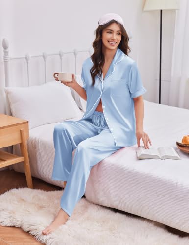 Image of Ekouaer Silk Satin Pajamas for Women Set 2 Piece Short Sleeve Button Up Pjs | Two Side Pockets,Soft Bridesmaid Lounge Set,Bridal Ruffle Sleepwear,Wedding Party,Honeymoon Vacation,Postpartum