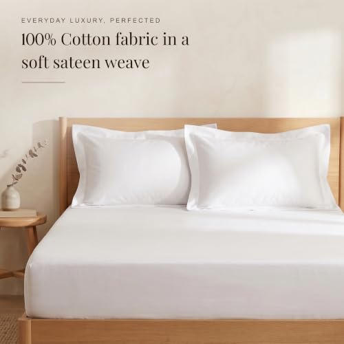 Image of Huesland 300 TC Premium 100% Pure Cotton Luxe Soft Touch Fitted Double Size Bedsheet Cotton with 2 Pillow Covers | White | 60 x 78 Inches