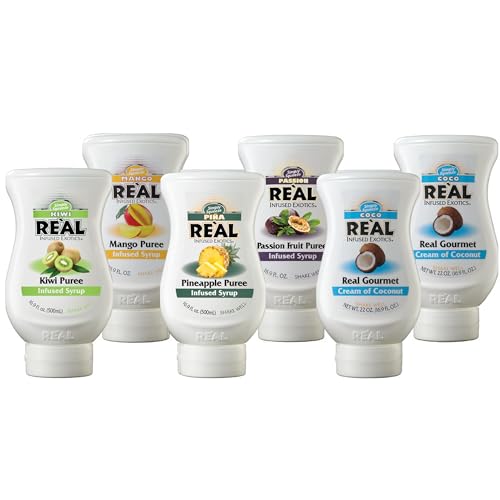 Reàl Infused Exotics Tropical Fruit Flavoring Syrup Variety - 2x Coco, Mango, Passion Fruit, Piña, Kiwi (Pack of 6, 16.9 FL OZ Bottles)