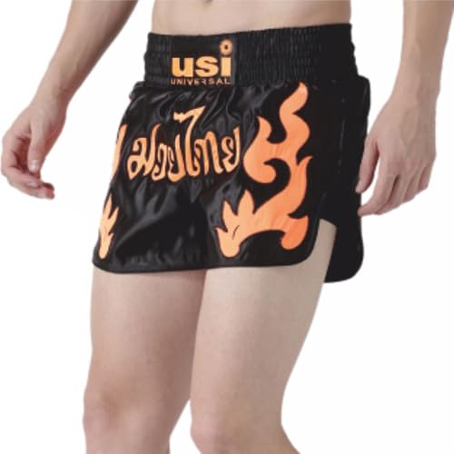 Image of USI Universal Muay Thai Shorts for Men Women, 410N Boxing Kickboxing MMA Fight Clothing Training Workout Trunks (in, Alpha, L, Regular, Black /Orange)