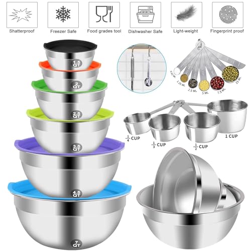 Mixing Bowls with Lid Set, 27PCS Kitchen Utensils Metal Bowl Stainless Steel Nesting Bowls, Measuring Cups and Spoons, Egg Whisk for Baking