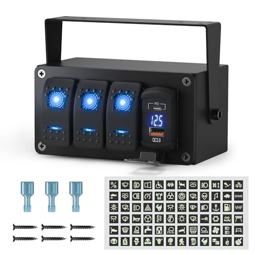 Joinfworld 3 Gang Marine Rocker Switch Panel 12V Rocker Switch Box SPST ON/Off with Dual USB Outlet PD Type C & QC 3.0 Car USB Port and LED Voltmeter for Boat Marine Automotive Car Truck RV UTV