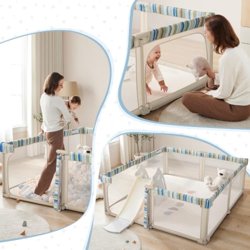 Image of Sweeby Baby Playpen, 79x71 Inch Baby Gate Playpens for Babies and Toddlers, Extra Large Playpen with Door Play Yard for Fence Indoor and Outdoor Play Pen, Khaki Stripe