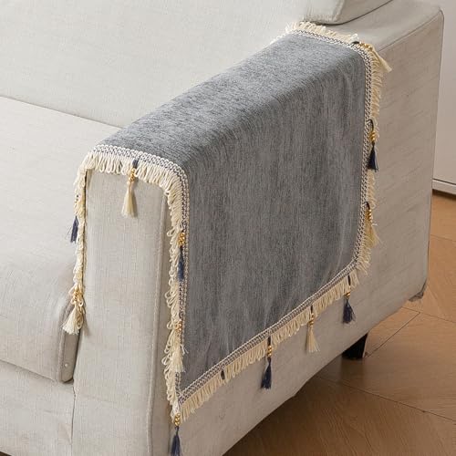 Image of HOKIPO 'Serenity Tassel' Chenille Sofa Arm Cover with Tassels - 1 Pair | Glacier Silver (IN-893-LGRY*2)