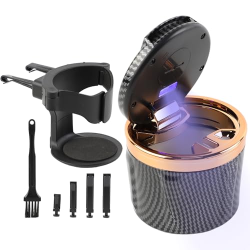 Geoyien Cenicero Coche, Cenicero con Tapa, Antiolor, con Soporte y Cepillo de Limpieza, Luz LED Automática, Batería Reemplazable, Sellada, Ignífuga, de Gran Capacidad (Dorado)