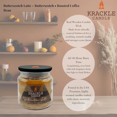 Image of Krackle Candle | Butterscotch Latte | 16 oz Scented Candle with Natural Crackling Wooden Wick | Poured in the USA | Butterscotch & Roasted Coffee Bean Fragrance