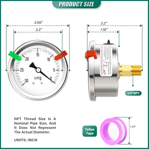 Image of -30-0PSI Stainless Steel Liquid Filled Pressure Gauge, 2.5 inch Single Scale Face Dial, 1 /4 inch NPT Back Mount, for Tube, Water Pump, Gas, Liquid, Pressure Test (with Range Mark Pointer)