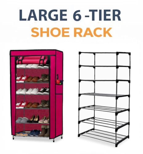 Image of Metal Shoe Stand with Cover, 6 Tier Shoe Organizer for Home & Office - Pink