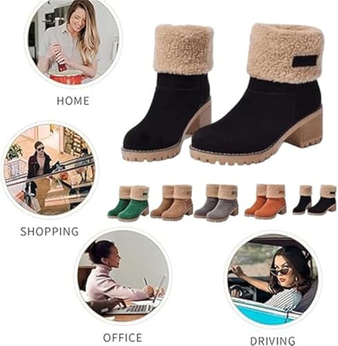 Pubyfun Senior Comfy Winter Ankle Boots Women, Suede Round Toe Chunky Block Mid Heel Platform Warm Snow Short Booties, Comfortable Slip On Snow Boots3