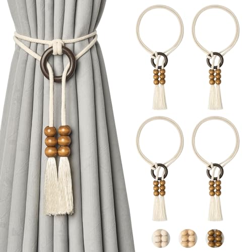 Pretty Jolly 4 Pack Natural Cotton Rope Curtain Tiebacks Boho Style Decorative Drape Tie Backs Elegant Hand Woven Rope Curtain Holdbacks with Wooden Ring for Home & Office Window Drapery (T-Coffee)