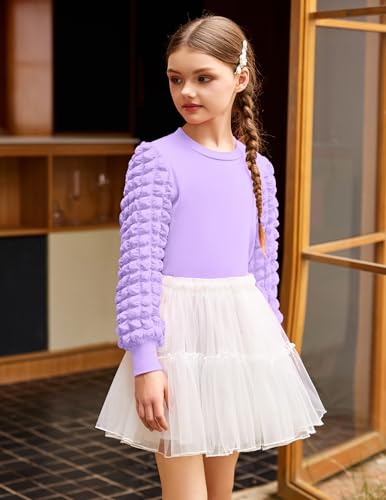 Arshiner Girls Puff Long Sleeve Shirts Ribbed Knit Cute Casual Crewneck Tops Blouse Tee3