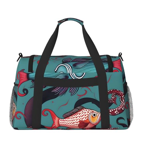 Fish And Octopus Print Travel Hand Travel Bag Weekender Overnight Carry On Tote Foldable Crossbody Bag2