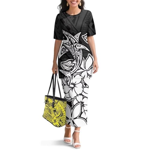 Image of Polynesian Dress for Women Short Sleeve High Waist Maxi Skirt | Puletasi dress, t-shirt and skirt two-piece, elastic material, lightweight, soft, plus size, luau party, wedding, clubwear