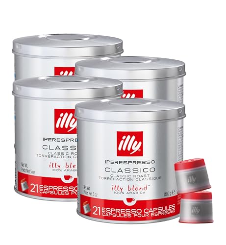 Illy iperEspresso capsules - Classico Medium Roast Coffee - Mild & Balanced - 100% Arabica - 21 Count Capsules per Can (Pack of 4)