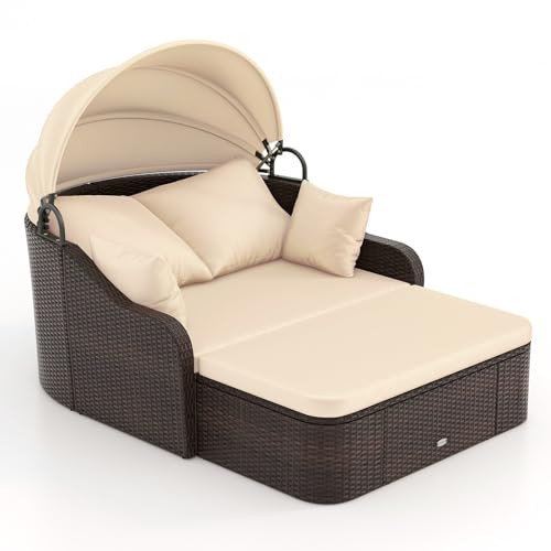 RELAX4LIFE Outdoor Daybed with Retractable Canopy - Wicker Rattan Sunbed Loveseat w/Soft Cushions, Pillows, Ottoman, Sectional Seating Conversation Sofa for Backyard Porch, 2-Person Patio Bed Lounger