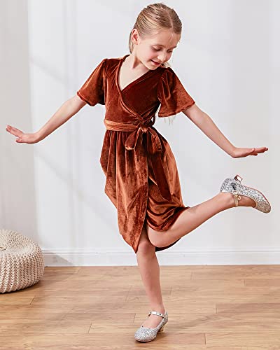 Deefant Girls Dress Velvet Birthday Girl Dresses V-Neck Midi Vintage Elegant Kids Dress For 4-13Years Brown #TOP5