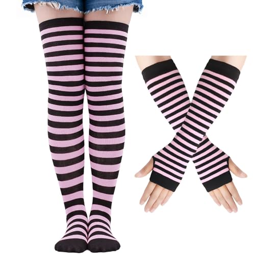 Image of Black and White Striped Arm Leg Warmers Sleeves Set Rainbow Socks Knee High Fingerless Gloves Hand Thigh Warm