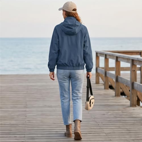 Women Windbreaker Jacket Full Zip Light Weight High Neck Hooded Raincoat - image 5