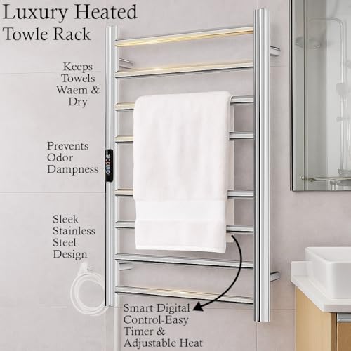 Image of MORZZE MTW-8050 Electric Towel Warmer 8 Bar 80W | SUS 304 Stainless Steel Heated Towel Rack | Wall Mounted Bathroom Towel Dryer | Adjustable 30-60C Temperature & 1-8H Timer | 230V
