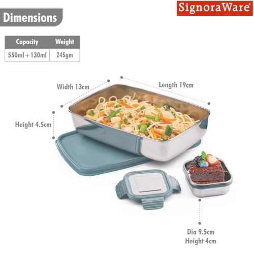 Image of SignoraWare Munch Mate Stainless Steel Lunch Box | Airtight & Leakproof | Durable & Compact | Easy to Carry | Ideal Tiffin for Office, School & Travel (550ml + 130ml | EBlue)