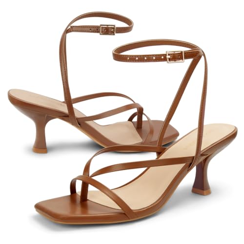 Image of Women's Kitten Heel Strappy Open Square Toe Thong Ankle Strap Heels for Wedding