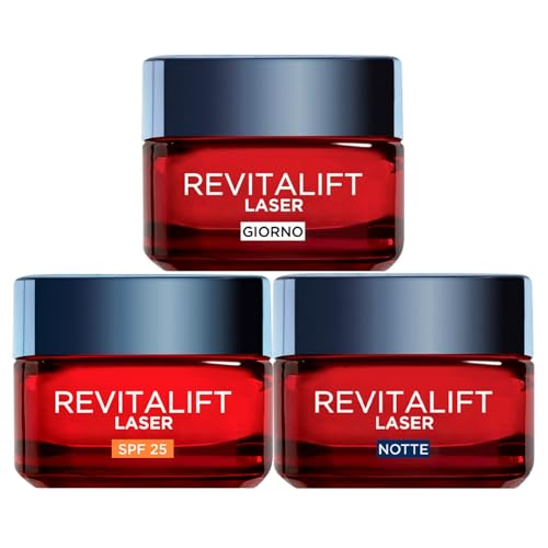L'Oréal Paris Kit Revitalift Laser Anti-Età Crema Giorno Tripla Azione Ridensificante Rassodante Illuminante con Acido Ialuronico + Trattamento Profondo SPF 25 + Crema Maschera Notte - 3 Prodotti