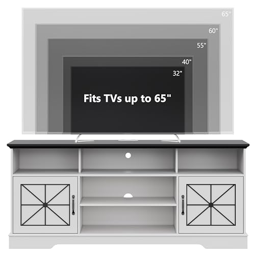 Image of Xixini Farmhouse TV Stand for 65 /60 /55 Inch Tvs, Rustic Entertainment Center with LED Lights and Power Outlets, Modern Media Console Table, Wood Television Furniture for Living Room, Bedroom, White
