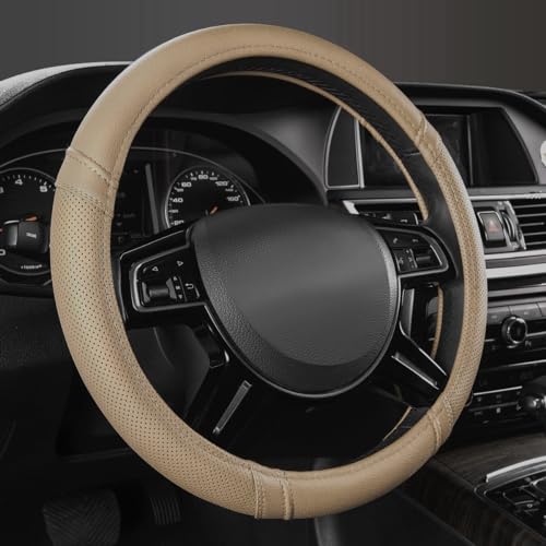 Car Pass Classical Leather Automotive Universal Steering Wheel Covers Universal Fit for Suvs Trucks Sedans Cars Vans 14.5-15inch Anti-Slip Safety Comfortable Desgin(Beige)