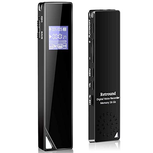 Digital Voice Recorder, Retround Mini Voice Activated Recorder 16GB with Playback for Lectures Meetings, Class, Interviews, Dual Microphone One Step Recording Rechargeable Lossless Stereo HD
