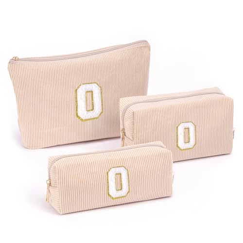Image of Vavabox Corduroy Makeup Bag Set for Women, A-Z Personalized Cosmetic Bag for Travel Toiletry Organizer, Gifts for Women Mom Girls (O, 05-Khaki)
