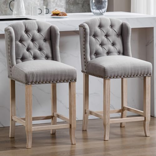 Set of 2 DUOMAY 26 Inch Tufted Linen Counter Stools with Solid Wood Legs - Grey