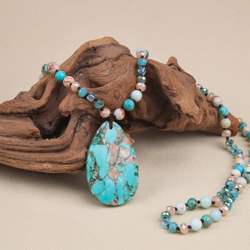 Long Necklaces for Women Boho, Oval Waterdrop Turquoise Pendant, Natural Stone Beaded, Handmade,Vintage & Elegance, Boho Fashion Charm Beaded Necklace for Women2