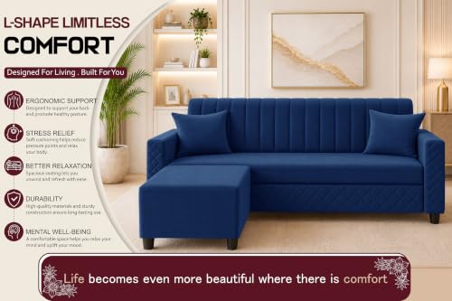 Image of L-Shaped 3 Seater Sectional Sofa with Ottoman | Modern Upholstered Couch | Vertical Channel Tufted Backrest | Diamond Quilted Arms & Base | Comfortable Living Room Furniture - Blue