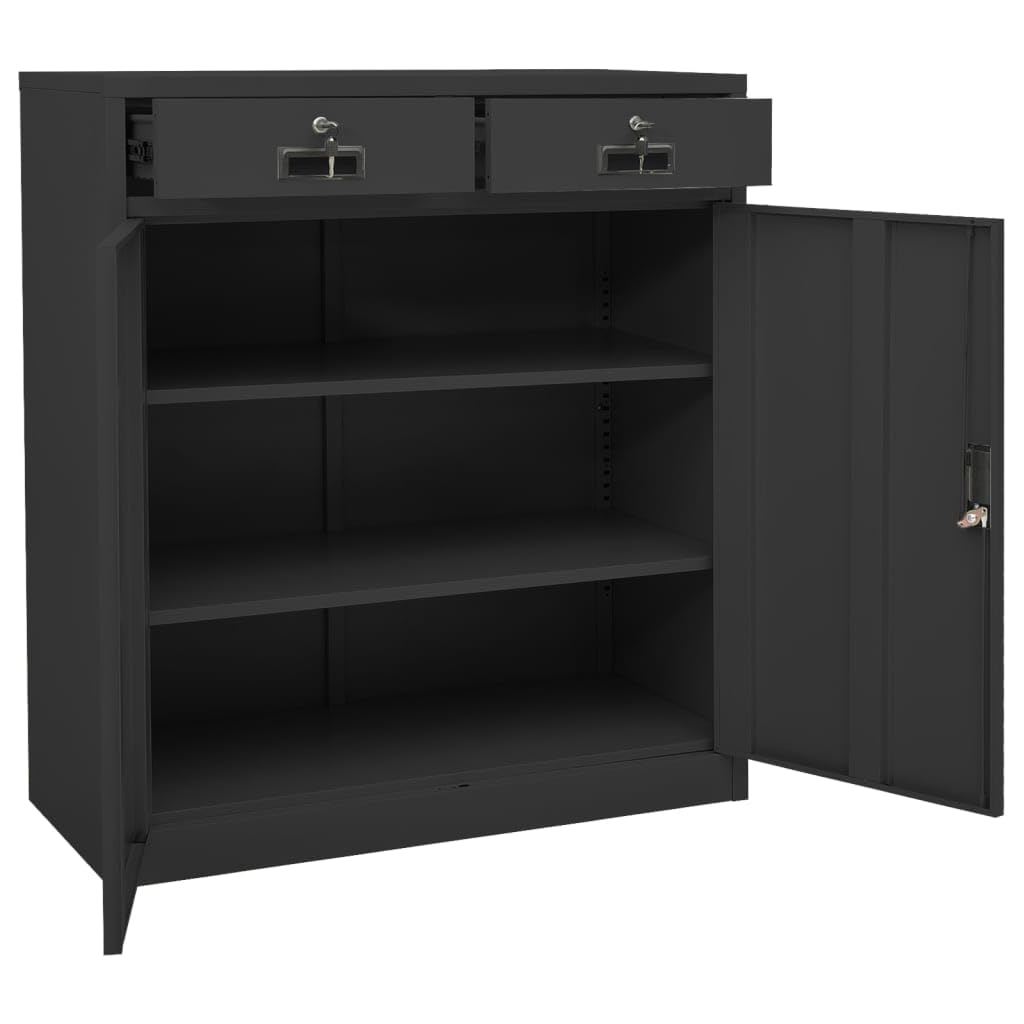 Armario alto de acero antracita 90 x 40 x 102 cm, 2 estantes de altura regulable, 2 cajones de rodamientos, soporte de pared, oficina/oficina en casa